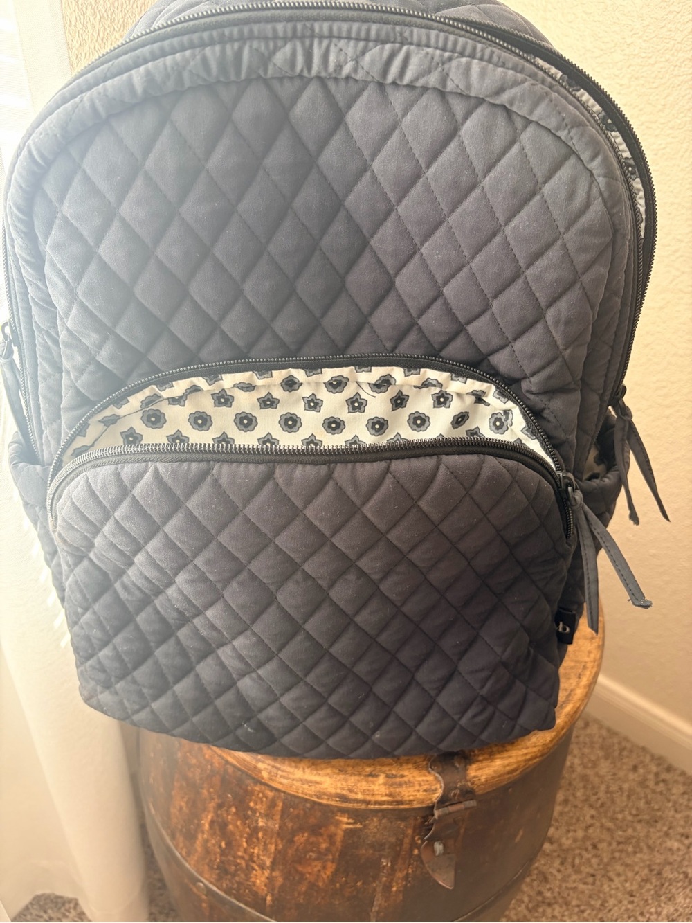 Vera Bradley Quilted Black Backpack with Cream Floral Accent